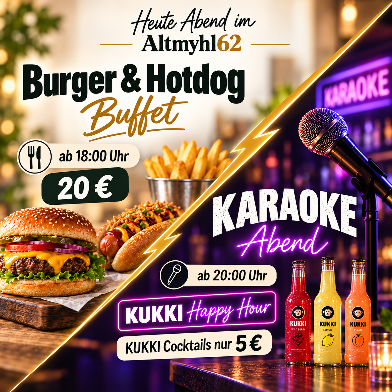 Burger und Hotdog Buffet, Karaoke Abend und KUKKI Cocktails